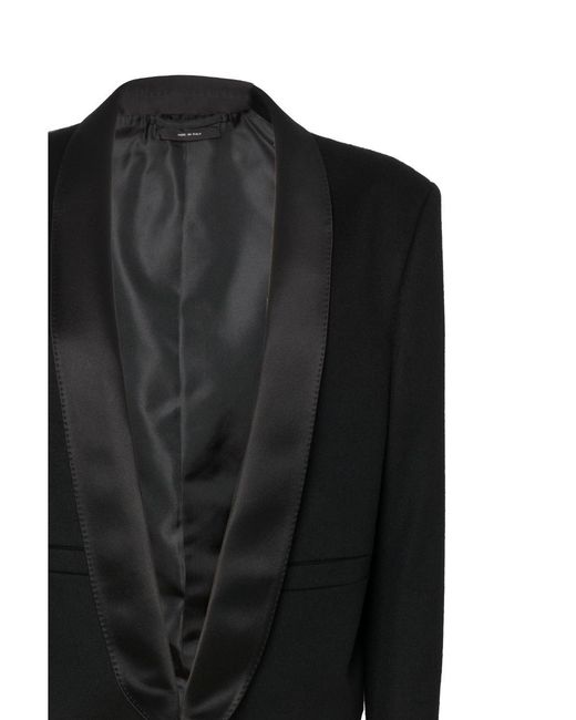 Tom Ford Black Grain De Poudre Wool And Cashmere Cropped Tuxedo Blazer With Silk Satin Shawl Collar