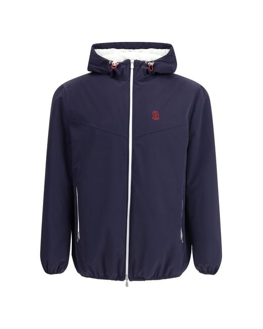 Brunello Cucinelli Blue Waterproof Hooded Jacket Nylon for men