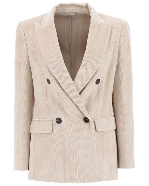 Brunello Cucinelli Natural Deconstructed Double-breasted Blazer In Corduroy