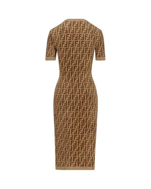 Fendi All over Ff Printed Knitted Midi Dress in Natural Lyst