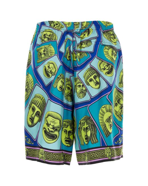 Versace Blue Printed Silk Bermuda Shorts for men