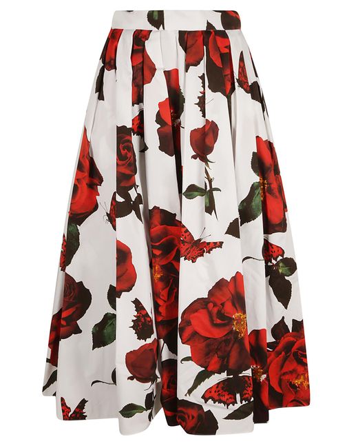 Alexander McQueen Red Rose Print Pleated Midi Skirt