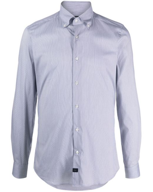 Fay Blue New Button Down Stretch Popeline Microchecked Shirt for men