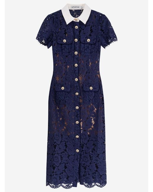 Self-Portrait Blue Contrasting Lace Collar Midi Dress