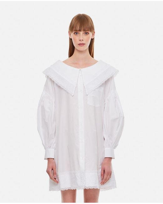 Simone Rocha White Short Open Neck Signature Sleeve Shirt Dress W/Trim