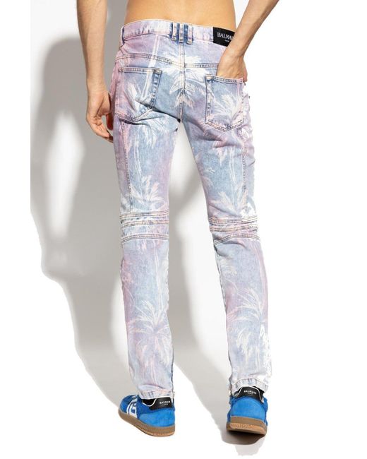 Balmain Blue Tropical Print Slim Stretch Jeans for men