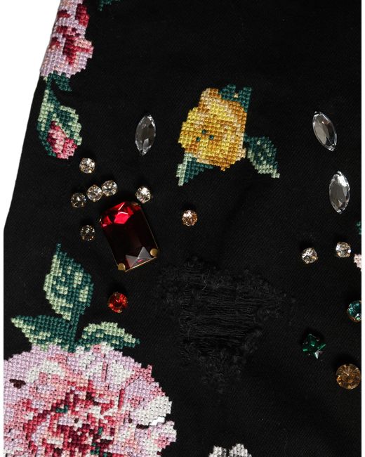 Dolce & Gabbana Black Floral Cotton High Waist Tapered Pants Elastane