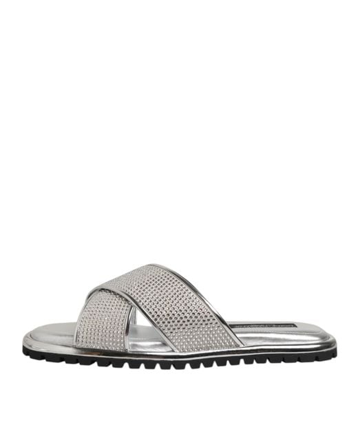 Dolce & Gabbana Gray Silver Strass Slides Flats Slippers Shoes for men