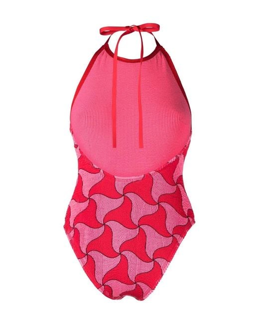 Bottega Veneta Red Crinkle Ghost Halterneck Swimsuit Clothing