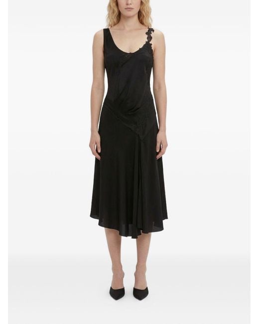 Victoria Beckham Black Crepe Back Satin Midi Dress With Draping And Tone-On-Tone Lace Inserts