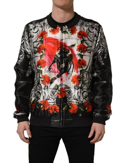 Dolce & Gabbana Red Majolica Bull Print Bomber Jacket Silk Clothing for men