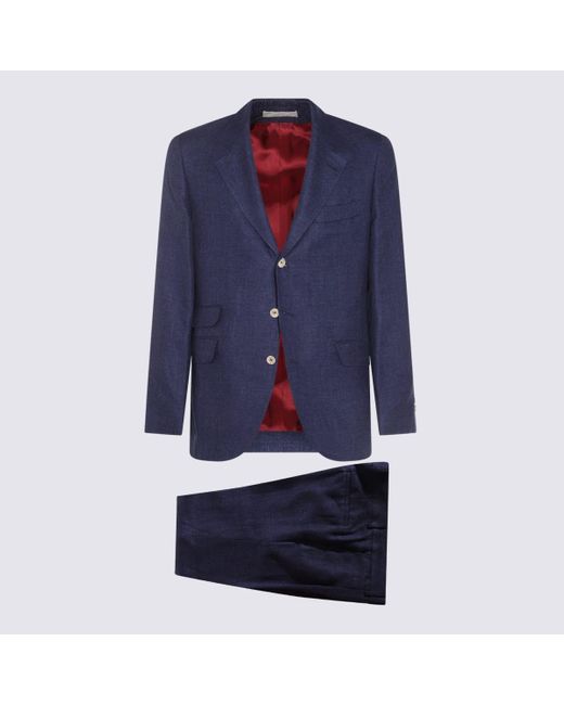 Brunello Cucinelli Blue Dark Linen Suits for men
