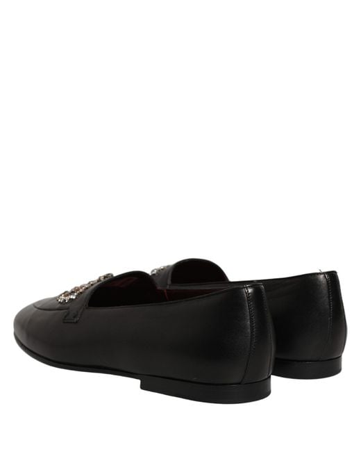 Dolce & Gabbana Black Leather Crown Embellished Loafers Shoes for men