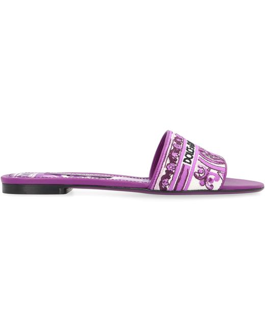 Dolce & Gabbana Purple Round-Toe Leather And Fabric Slides Cotton; Lamb; Goatskin; Lamb Sandal