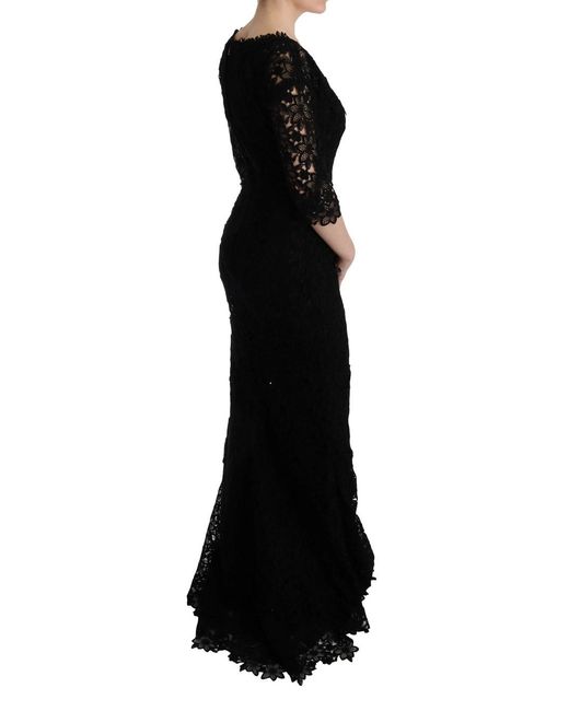 Dolce & Gabbana Black Lace Long Dress Slim Fit Round Neck