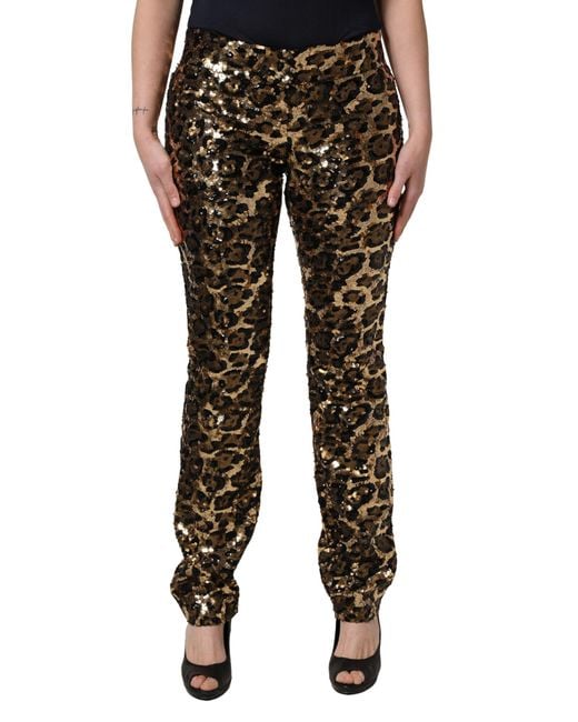 Dolce & Gabbana Black Leopard Sequined Straight Trouser Pants Polyester Silk