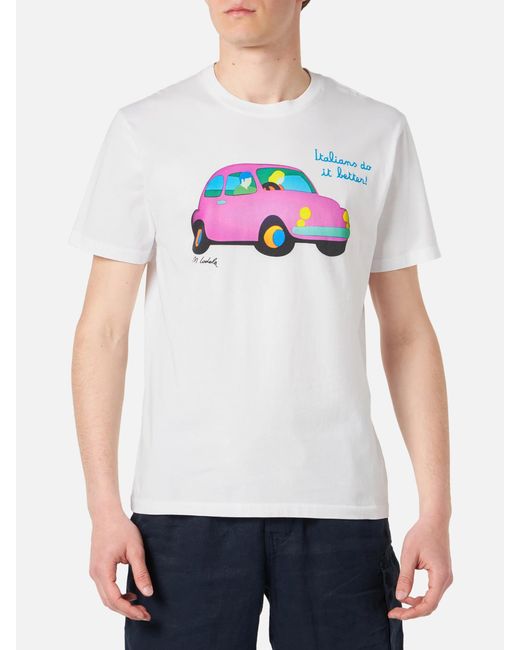 Mc2 Saint Barth Gray Cotton T-Shirt With Lodola Car Print for men