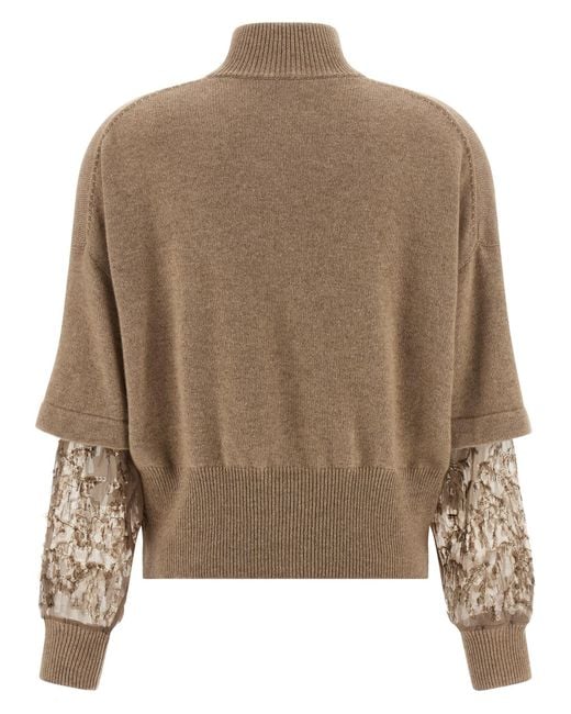 Brunello Cucinelli Brown Sequin Sleeve Cardigan
