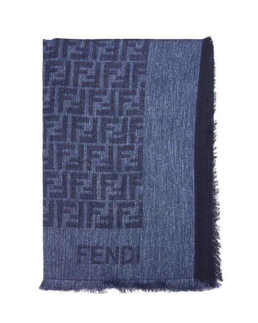 Fendi Blue Silk Denim Cotton And Wool Ff Shawl