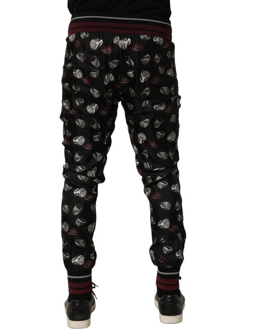 Dolce & Gabbana Black Pants Ring Print Silk Jogging Trousers for men