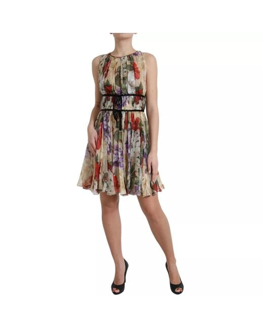 Dolce & Gabbana Natural Floral Sleeveless A-Line Mini Dress Silk