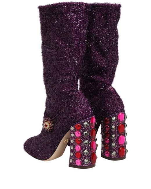 Dolce & Gabbana Purple Crystal Lurex Fantasy High Boots Shoes