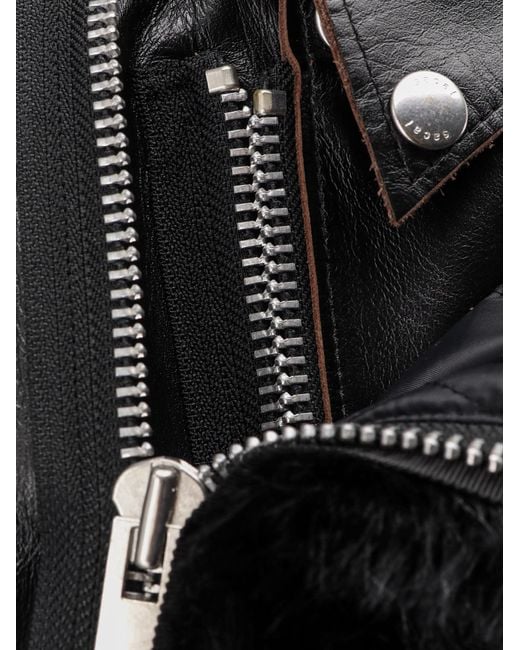 Sacai Black Leather Jacket With Synthetic Fur Inserts