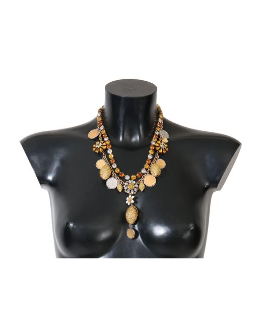 Dolce & Gabbana Metallic Brass Crystal Logo Pineapple Statement Necklace Real