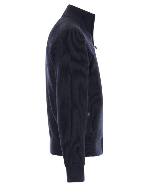 Paul & Shark Blue Wool Cardigan With Zip And Iconic Badge for men
