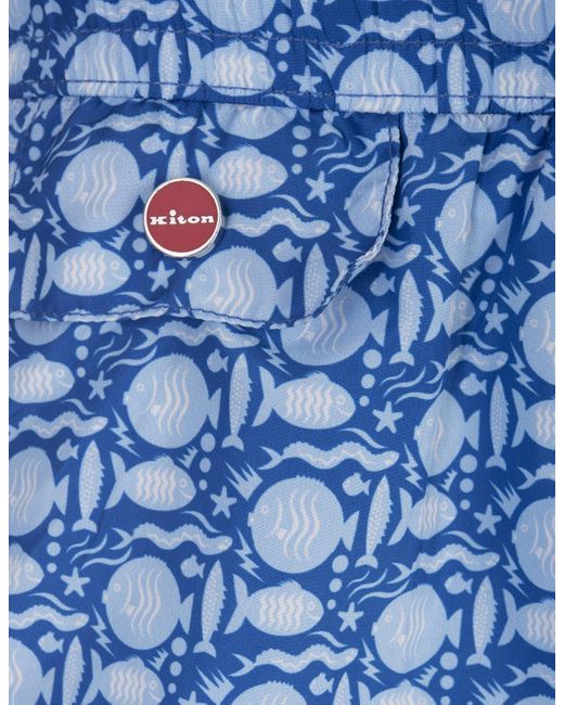 Kiton Blue Swim Shorts With Fish Pattern for men