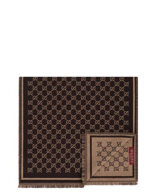 Gucci Brown Wool Scarf Gg Jacquard Coffee for men