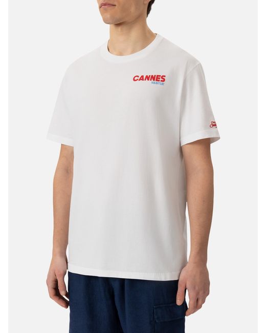 Mc2 Saint Barth White Organic Cotton T-Shirt With Cannes Postcard Print for men