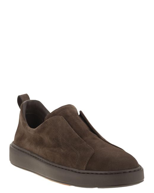 Santoni Brown Suede Slip-On Trainer for men