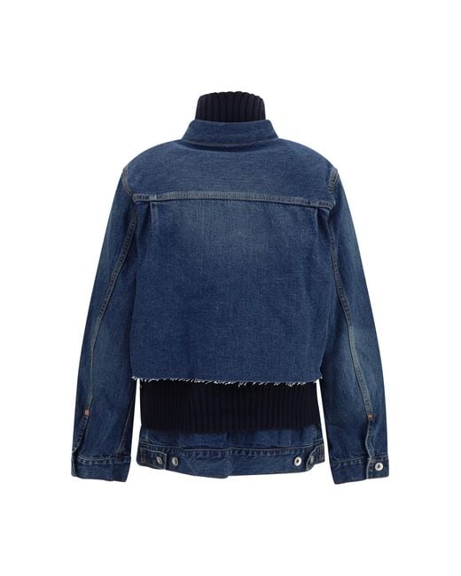 Sacai Blue Denim Jacket With Wool Knit Layer Cotton