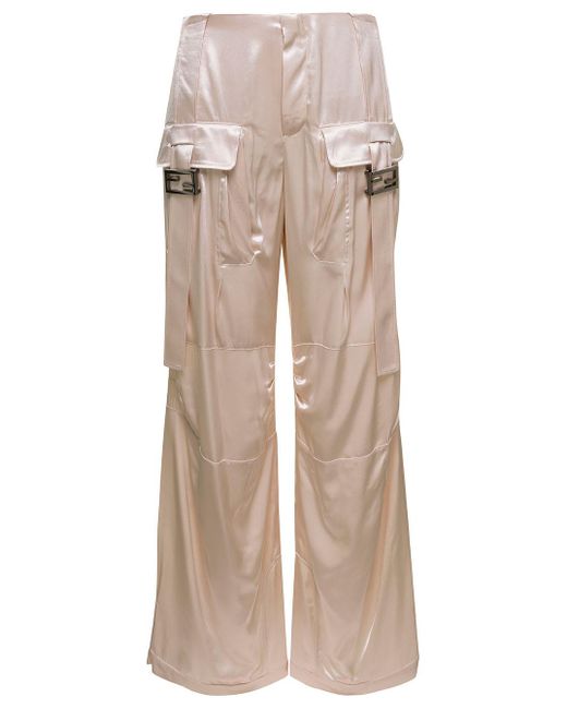 Fendi Natural Ivory White Satin Cargo Pants With Ff Baguette Buckles In Viscose