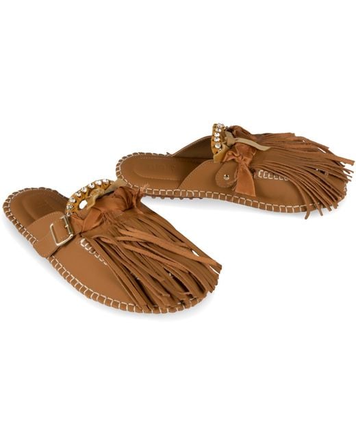 13 09 SR Brown Puli Leather Mules Crystal Slippers