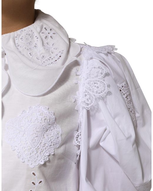 Dolce & Gabbana Gray White Ruffled Lace Embellished Blouse Top