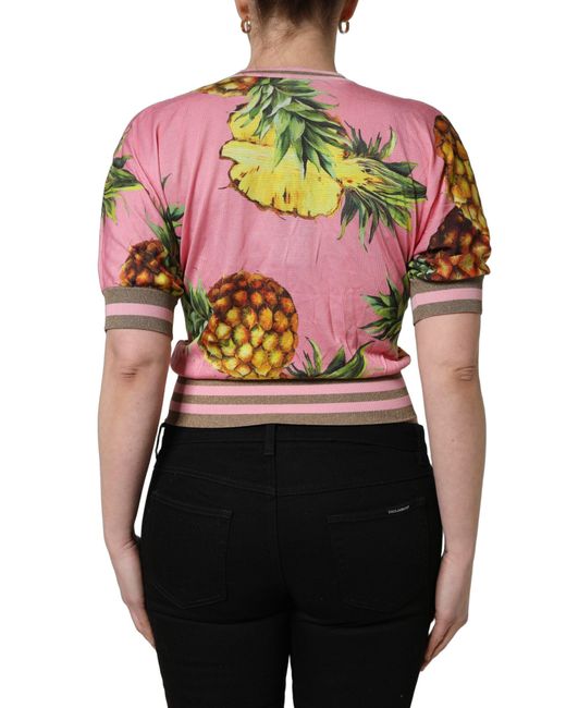 Dolce & Gabbana Black Pink Pineapple Vneck Short Sleeve Cropped Top