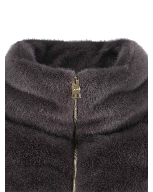 Herno Gray Quilted High-Collar Faux Fur Coat