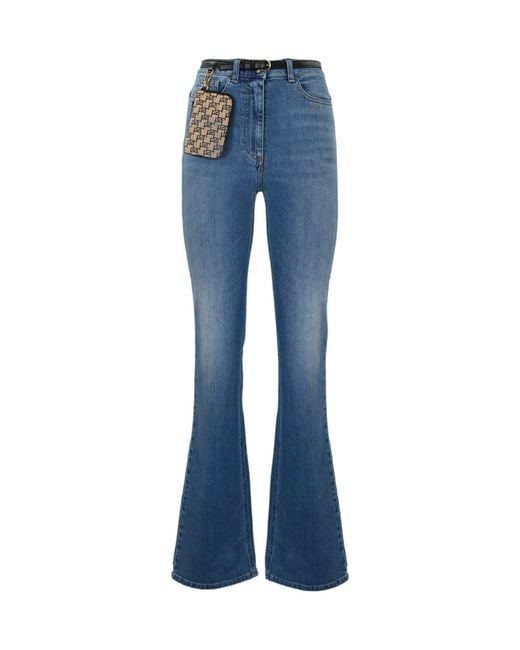 Elisabetta Franchi Blue Flared Jeans With Belt And Clutch Bag