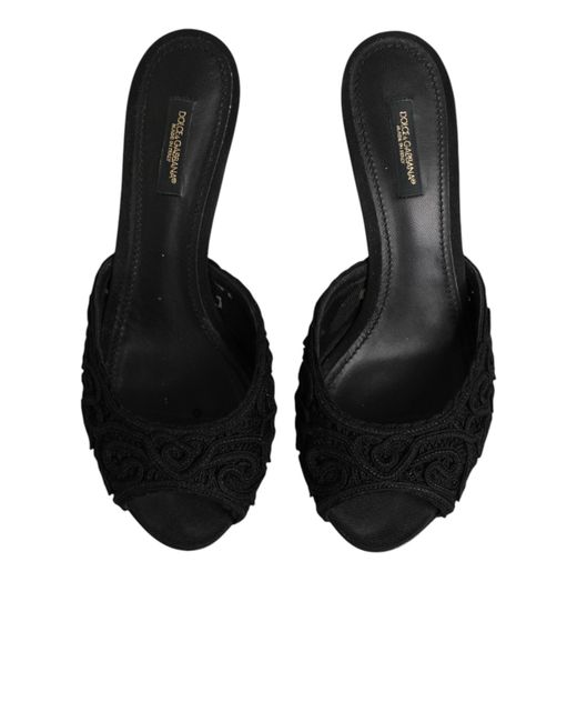 Dolce & Gabbana Black Embroidered Slip On Heels Slides Shoes Co+Pl+Vi