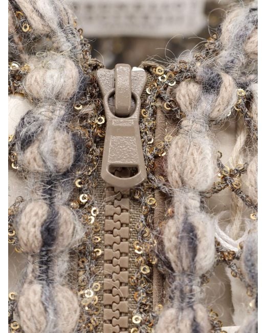 Brunello Cucinelli Natural Perforated Wool Blend Cardigan With Sequins