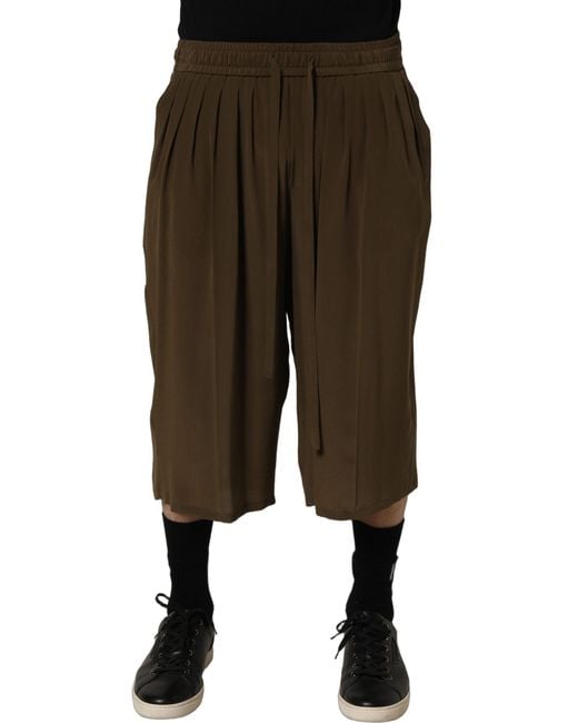 Dolce & Gabbana Brown Silk Mid Waist Pleated Bermuda Shorts for men