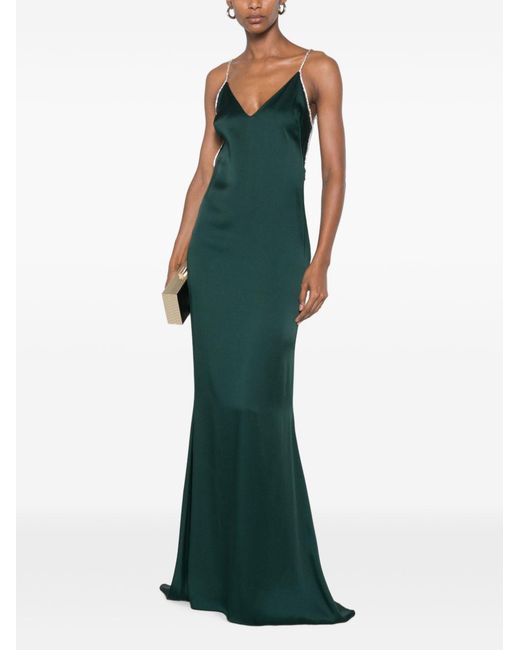Tom Ford Green Emerald Shiny Envers Satin Evening Gown With Crystal Chain Embroidery