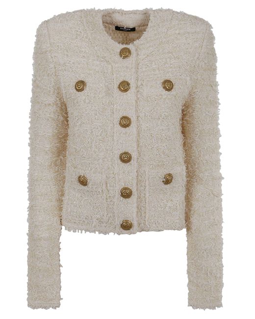 Balmain Collarless 4 Pkts Buttoned Tweed Jacket in White | Lyst