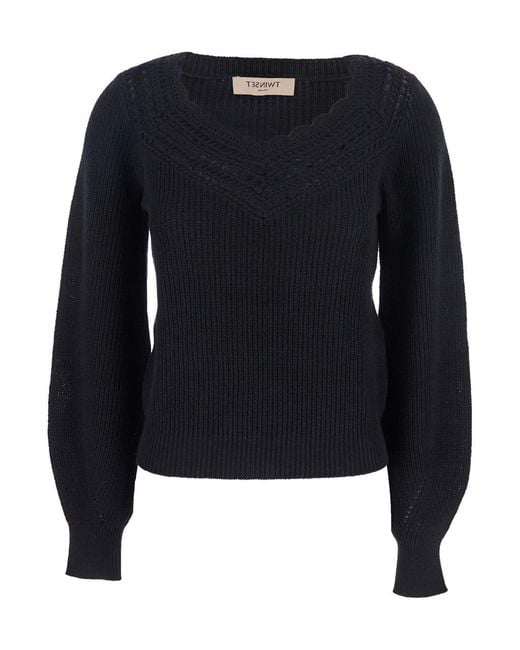 Twinset Blue Sweater With Embroidered Collar And Elastic Cuffs Wool Cotton Jersey
