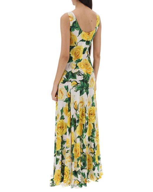 Dolce & Gabbana Yellow Rose Printed Sleeveless Midi Dress