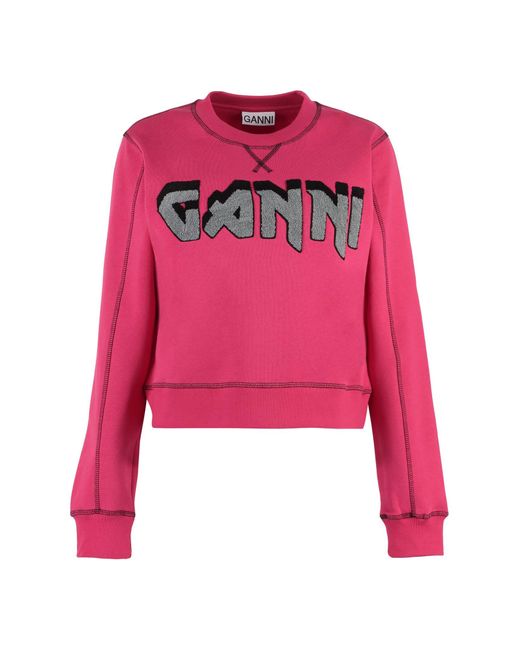 Ganni Pink Logo Embroidered Cotton Sweatshirt