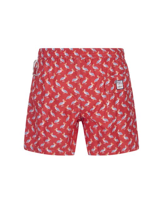 Fedeli Red Swim Shorts With Pelican Pattern for men