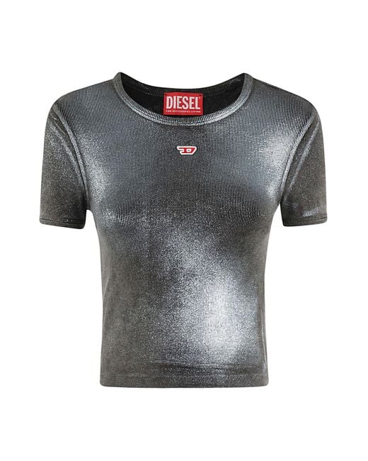 DIESEL Gray T-Ele-N1 Ribbed Cotton T-Shirt With Metallic Coating